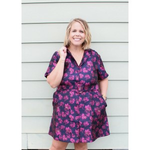 Navy and Pink Floral Belted Dress