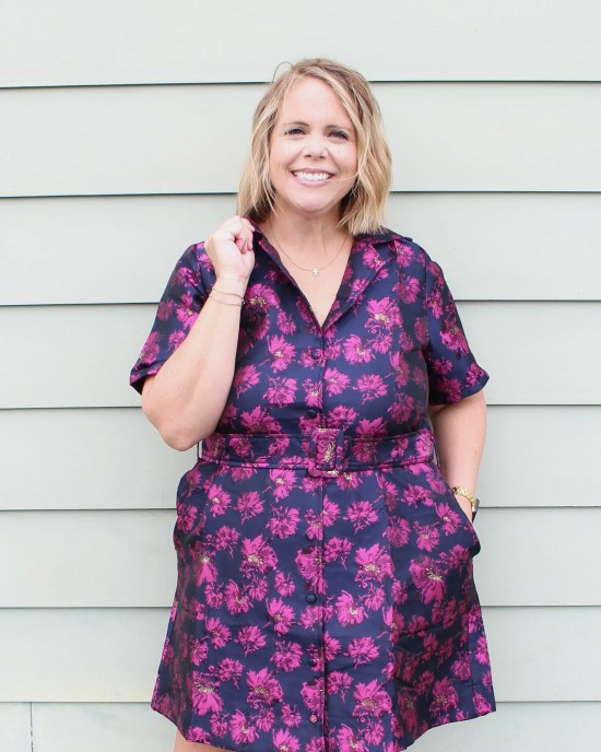 Navy and Pink Floral Belted Dress