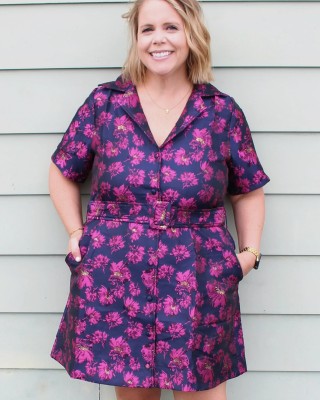 Navy and Pink Floral Belted Dress