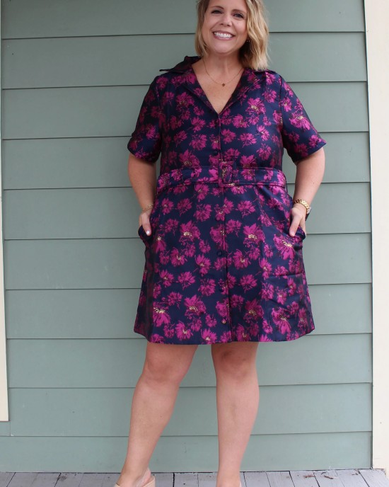 Navy and Pink Floral Belted Dress