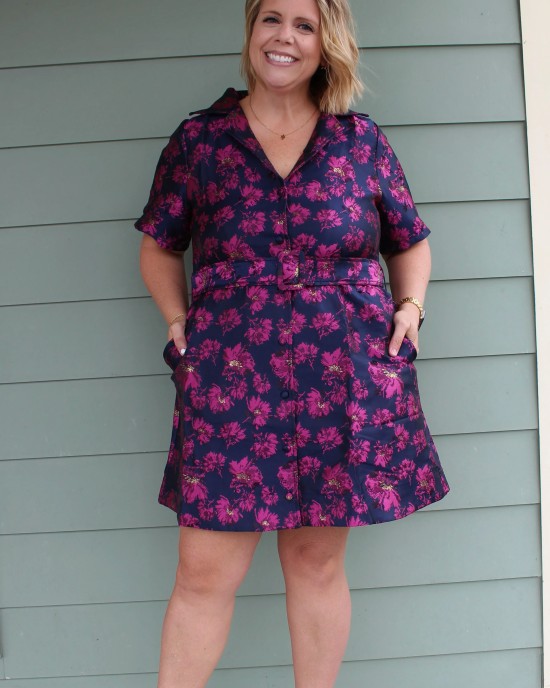 Navy and Pink Floral Belted Dress