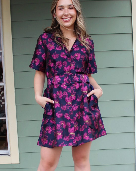 Navy and Pink Floral Belted Dress