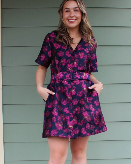 Navy and Pink Floral Belted Dress