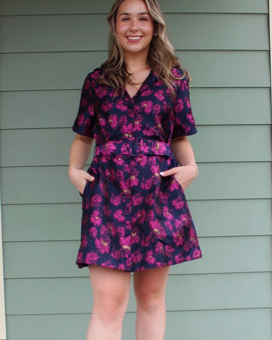 Navy and Pink Floral Belted Dress