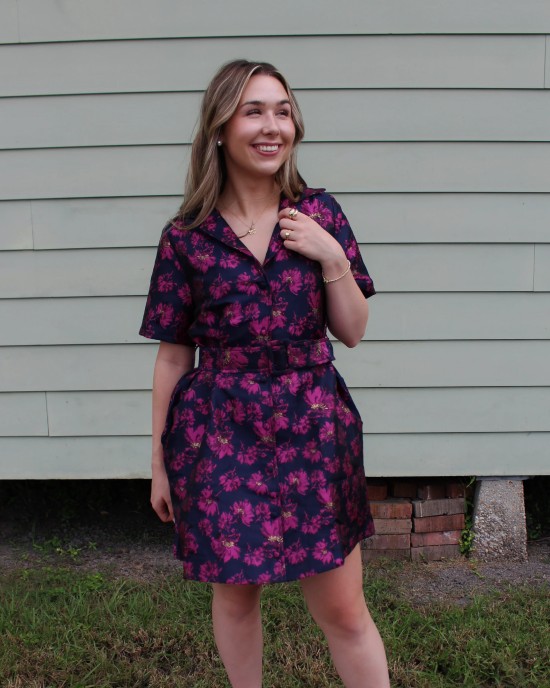 Navy and Pink Floral Belted Dress