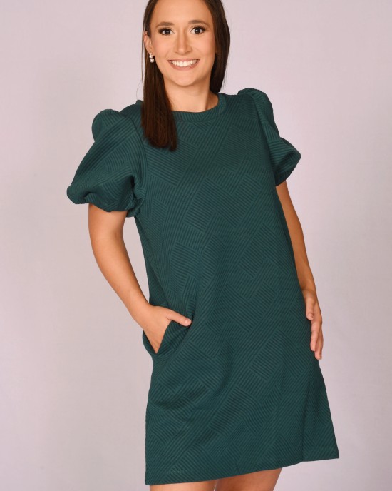 Hunter Green Textured Puff Sleeve Straight Dress