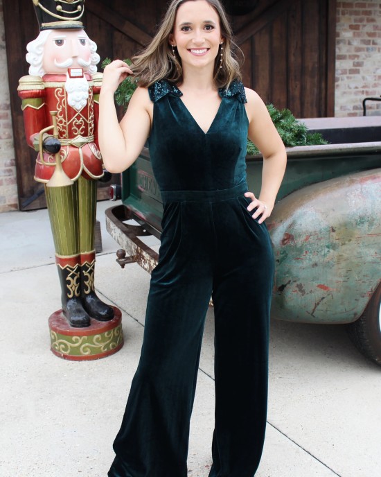 Holiday Velvet Jumpsuit with Sequin Bow Shoulders