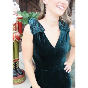 Holiday Velvet Jumpsuit with Sequin Bow Shoulders