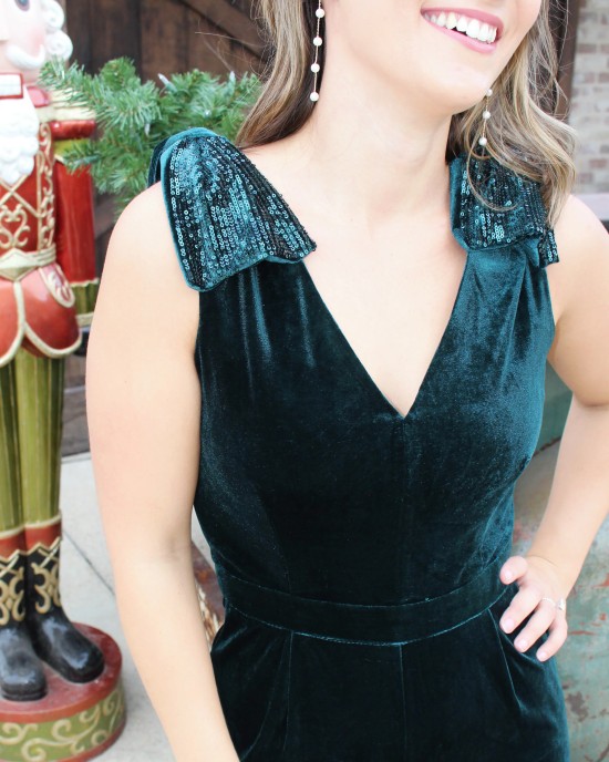 Holiday Velvet Jumpsuit with Sequin Bow Shoulders