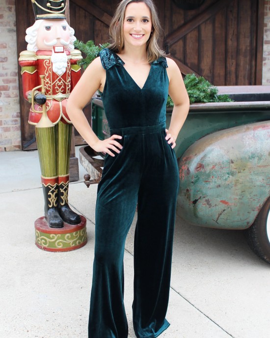 Holiday Velvet Jumpsuit with Sequin Bow Shoulders