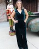 Holiday Velvet Jumpsuit with Sequin Bow Shoulders