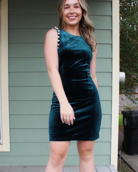 Teal Velvet Dress with Pearl Details