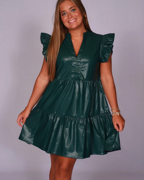 Faux Leather Green Tired Dress