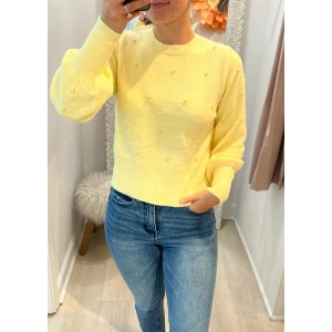 Yellow Puff Sleeve Pearl Sweater