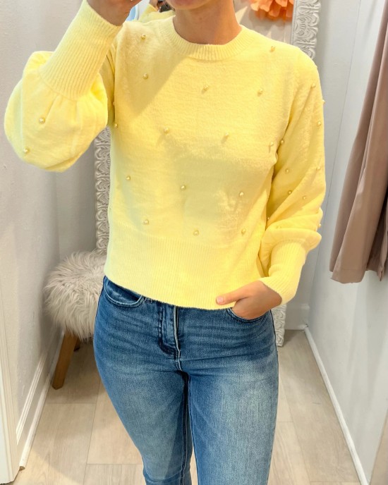 Yellow Puff Sleeve Pearl Sweater