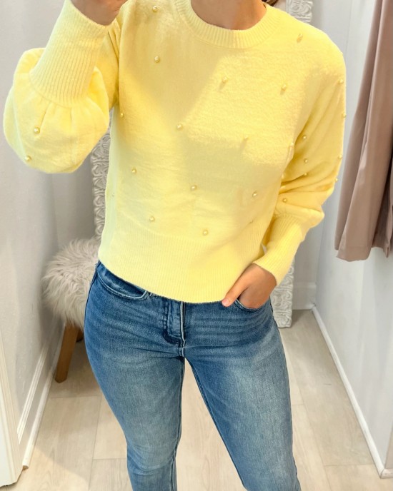 Yellow Puff Sleeve Pearl Sweater