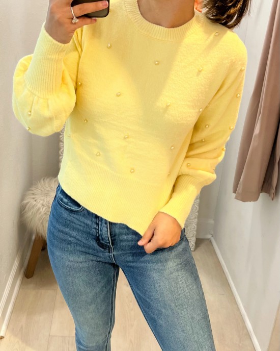 Yellow Puff Sleeve Pearl Sweater