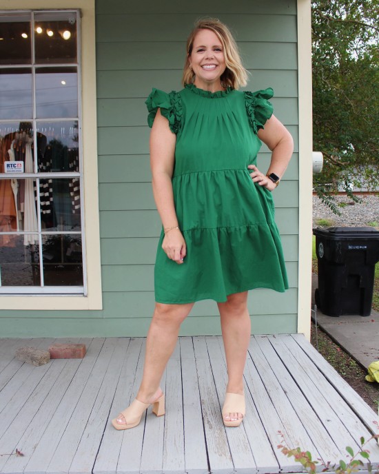 Green Ruffle Sleeve Tiered Dress