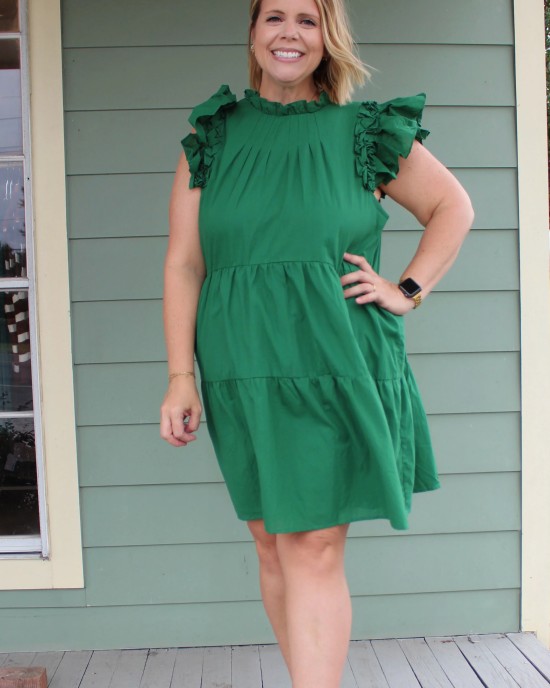 Green Ruffle Sleeve Tiered Dress