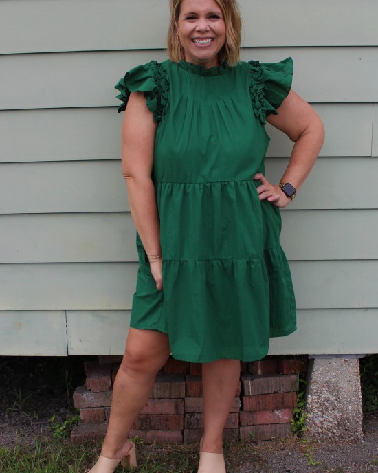 Green Ruffle Sleeve Tiered Dress