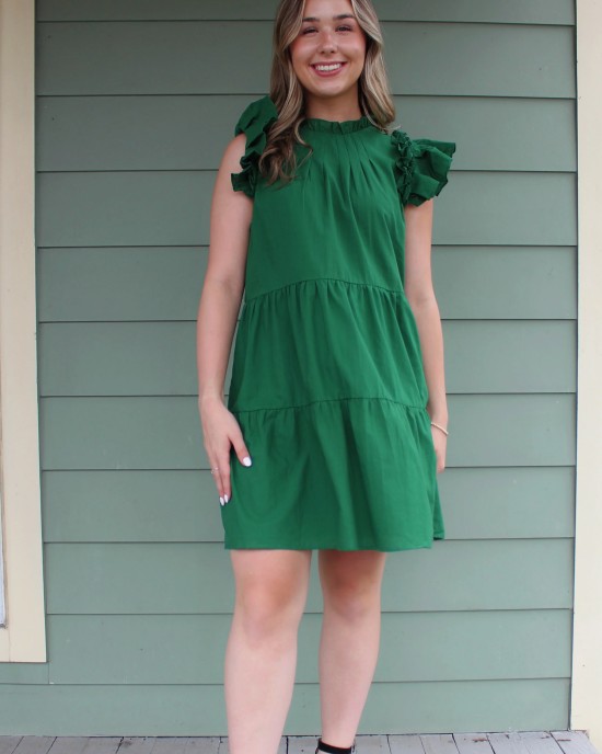 Green Ruffle Sleeve Tiered Dress