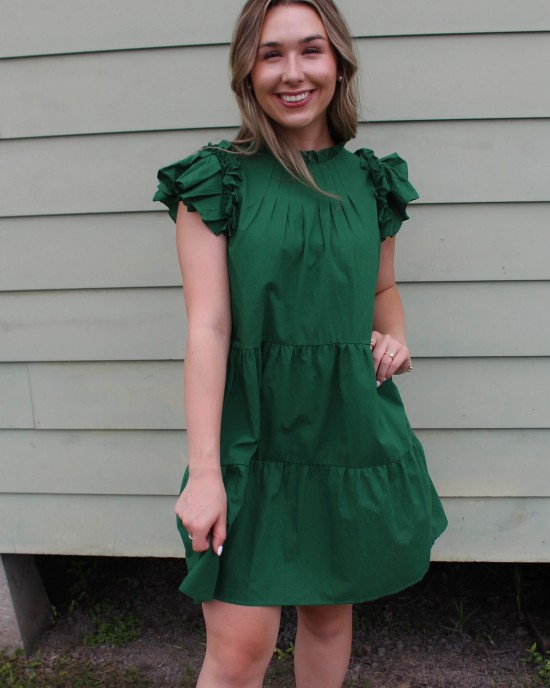 Green Ruffle Sleeve Tiered Dress