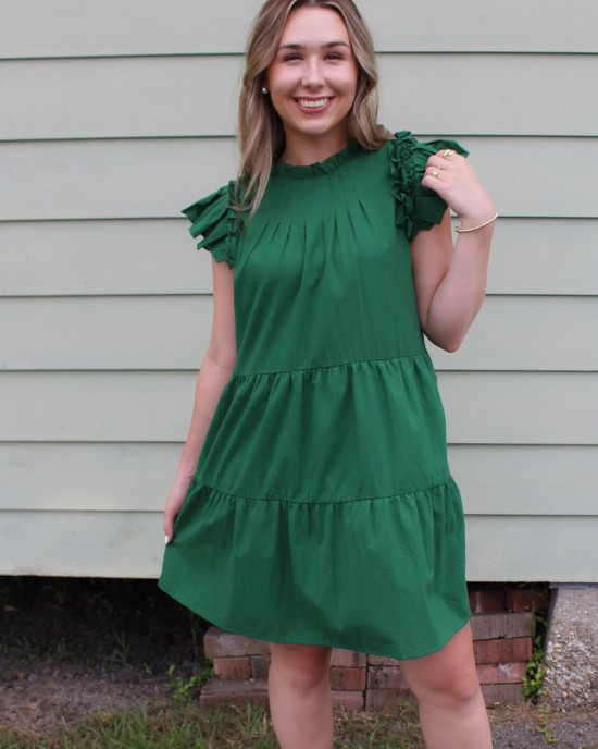 Green Ruffle Sleeve Tiered Dress