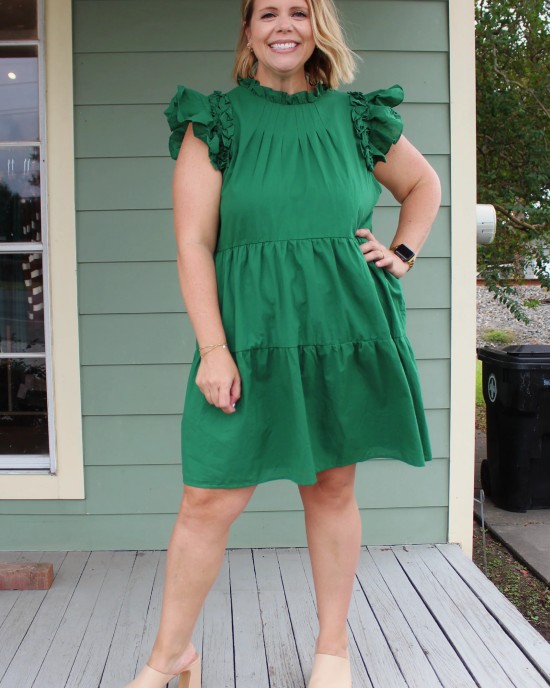 Green Ruffle Sleeve Tiered Dress