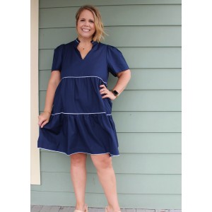 Navy Blue Dress with White Trim Details