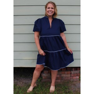 Navy Blue Dress with White Trim Details