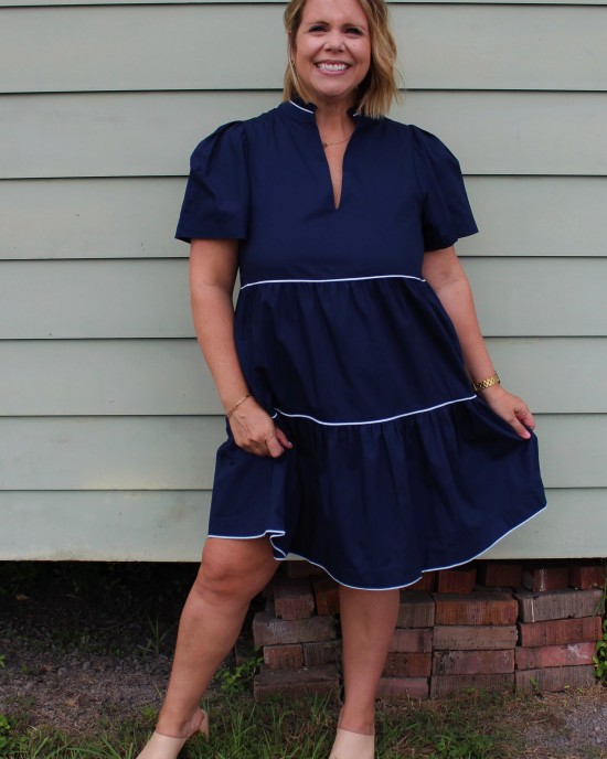 Navy Blue Dress with White Trim Details