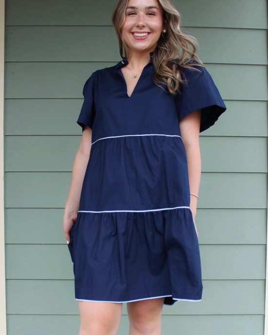 Navy Blue Dress with White Trim Details