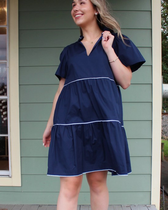 Navy Blue Dress with White Trim Details