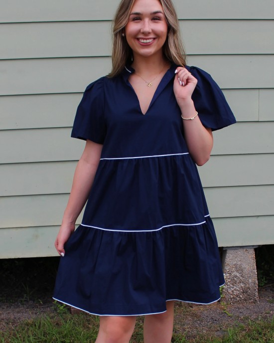 Navy Blue Dress with White Trim Details