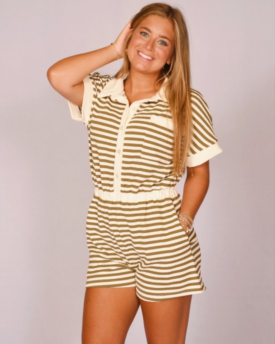 Olive Stripped Button Down Romper