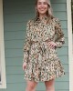 Long Sleeve Green and Brown Print Dress