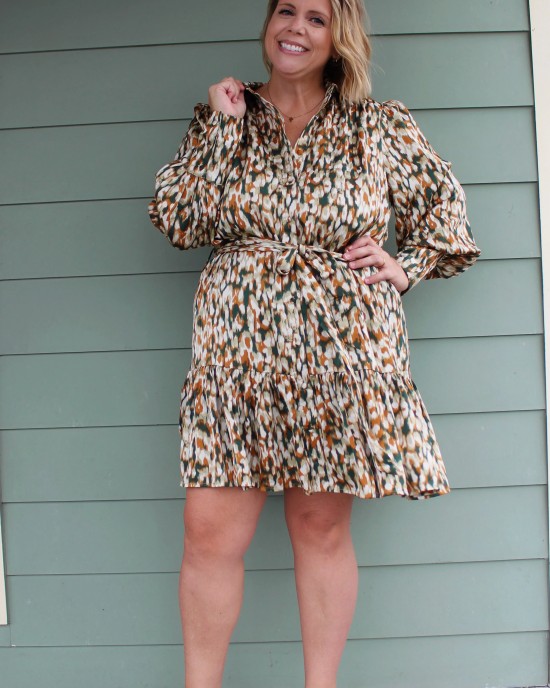 Long Sleeve Green and Brown Print Dress