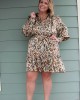 Long Sleeve Green and Brown Print Dress