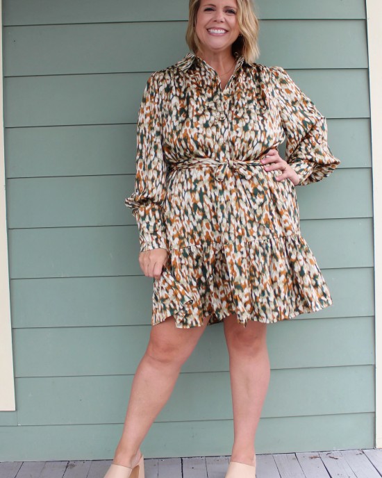 Long Sleeve Green and Brown Print Dress