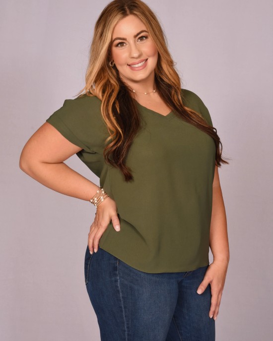 Classic Silky Cuffed V-Neck Top