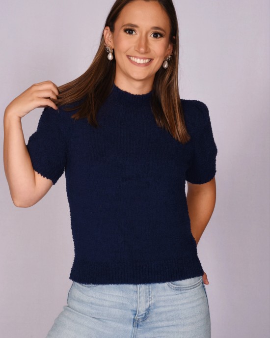 Navy Fuzzy Soft Short Sleeve Top