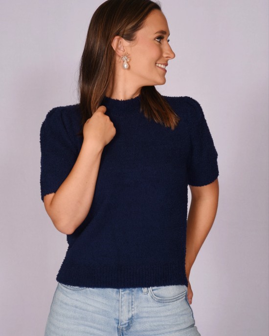 Navy Fuzzy Soft Short Sleeve Top