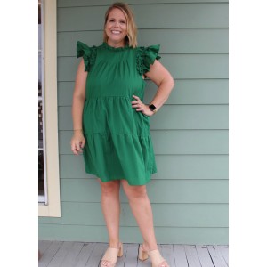 Green Ruffle Sleeve Tiered Dress