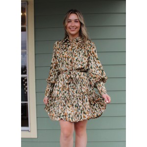 Long Sleeve Green and Brown Print Dress