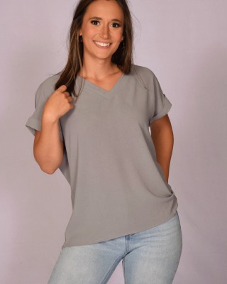 Classic Silky Cuffed V-Neck Top